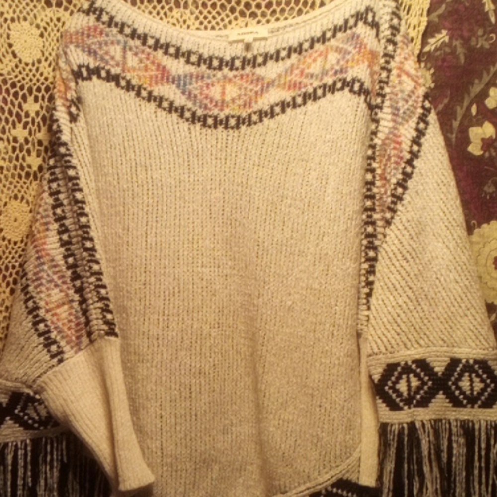 Adora free size poncho with sleeves beautiful fringe ivory with multi